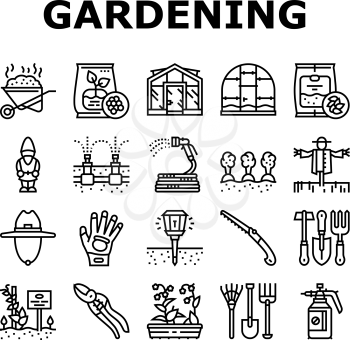Gardening Equipment Collection Icons Set Vector. Glass And Polycarbonate Greenhouse Construction, Gardening Tool And Instrument Black Contour Illustrations