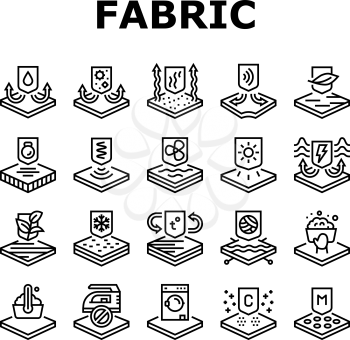 Fabrics Properties Collection Icons Set Vector. Elastic And Stretched, Warm And Cool, Antibacterial And Breathable Fabrics Properties Black Contour Illustrations