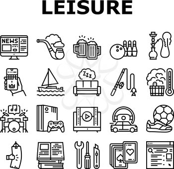 Mens Leisure Time Collection Icons Set Vector. Video Games Phone App And Watch Movie, Smoke Hookah And Pipe, Drink Beer And Play Cards Mens Leisure Black Contour Illustrations