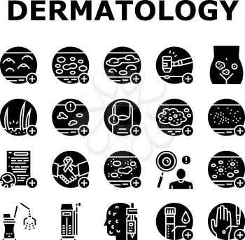 Dermatology Problem Collection Icons Set Vector. Dermatology Disease Clinic Treatment And Photodynamic Therapy Psoriasis And Acne Hospital Glyph Pictograms Black Illustrations