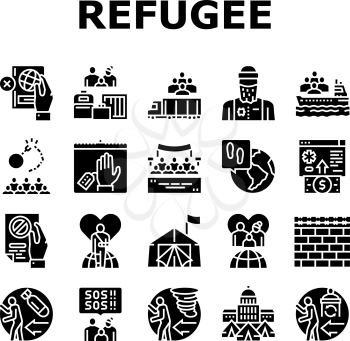 Refugee From Problem Collection Icons Set Vector. Man And Family Refugee Escape From War And Hurricane, Worldwide Donation And Help, Glyph Pictograms Black Illustrations