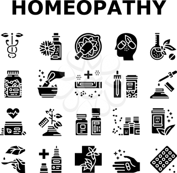 Homeopathy Medicine Collection Icons Set Vector. Medicaments And Vitamins Prepared From Natural Bio Plant, Homeopathy Pills And Drug Container Glyph Pictograms Black Illustrations
