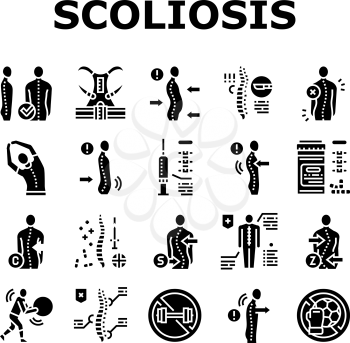 Scoliosis Disease Collection Icons Set Vector. Corset And Surgery Medical Operation For Treatment Kyphosis And Scoliosis Health Problem Glyph Pictograms Black Illustrations