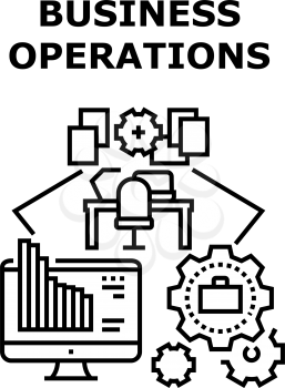 Financial Business Operations Vector Icon Concept. Working Process Management And Financial Business Operations, Analysis And Monitoring Market Prices Work At Workplace On Computer Black Illustration