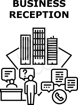 Business Reception Office Vector Icon Concept. Business Reception Office, Receptionist Talking With Businessman On Phone And Chatting E-mail, Consultation And Advising Black Illustration