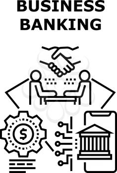 Business Banking Vector Icon Concept. Business Banking Process And Mobile Phone Application For Management Finance Online And Check Bank Account. Consultation With Banker Black Illustration