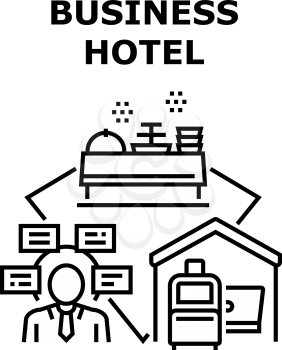 Business Hotel Vector Icon Concept. Business Hotel For Resting On Vacation Or Businessman Trip, Buffet Table With Dishes For Eating Breakfast Or Dinner. Motel For Relaxing Traveler Black Illustration