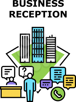 Business Reception Office Vector Icon Concept. Business Reception Office, Receptionist Talking With Businessman On Phone And Chatting E-mail, Consultation And Advising Color Illustration