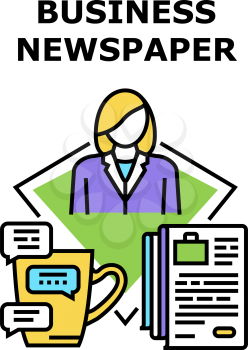 Business Newspaper Reading Vector Icon Concept. Business Newspaper Reading Financial And Market News Publication, Businesswoman Read Information And Drinking Cup In Morning Color Illustration