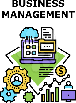 Business Management Planning Vector Icon Concept. Business Management And Monitoring Working Process. Cloud Digital Technology For Storaging Company Information And Documentation Color Illustration