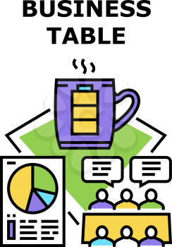 Business Table Vector Icon Concept. Business Table For Conference Meeting And Brainstorming With Employees, Project Presentation And Drinking Coffee Energy Drink And Color Illustration