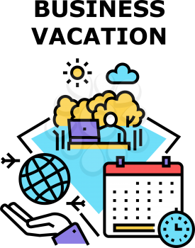 Business Vacation Relaxation Vector Icon Concept. Business Vacation Relaxation And Resorting Free Time, World Travel And Online Communication With Colleagues And Partners Color Illustration