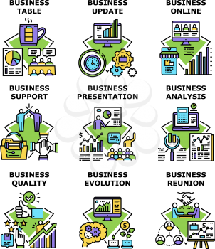 Business Evolution Set Icons Vector Illustrations. Business Evolution And Online Presentation, Table Reunion And Quality Analysis, Analysis Financial Report And Market Color Illustrations