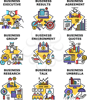Business Research Set Icons Vector Illustrations. Business Research Results And Agreement, Group Talk And Results, Executive And Environment. Professional Occupation Color Illustrations