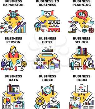 Business School Set Icons Vector Illustrations. Business School Education And Planning Room, Hotel Lunch And Expansion, Businessman And Businesswoman Person. B2B Commerce Color Illustrations