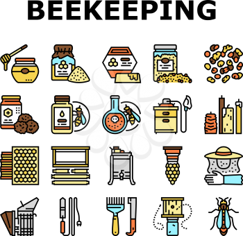 Beekeeping Profession Occupation Icons Set Vector. Bee Honey Bottle And Pollen Container, Royal Jelly And Beeswax Candles, Hand Tools And Smoker Beekeeping Business Line. Color Illustrations
