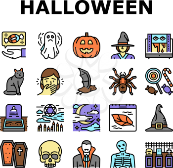 Halloween Autumn Season Holiday Icons Set Vector. Halloween Pumpkin And Scary Skull Decoration, Witch And Vampire, Coffin And Grave, Bat And Spider Decorative Ornament Line. Color Illustrations