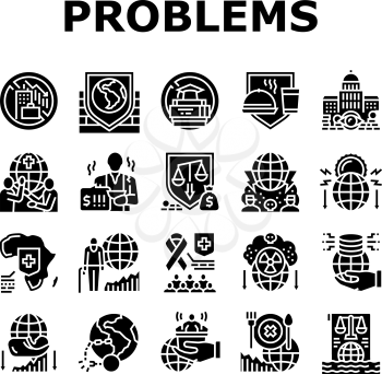 Social Public Problems Worldwide Icons Set Vector. Children And Ageing Human Social Problems, Democracy And Decolonization, Atomic Energy And Development, Wars Glyph Pictograms Black Illustrations