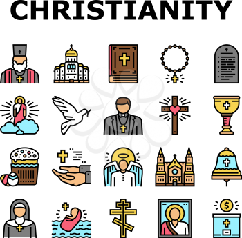 Christianity Religion Church Icons Set Vector. Christianity Cross And Crucifixion, Cathedral And Monastery Building, Bible And Priest, God And Angel, Prayer And Easter Line. Color Illustrations