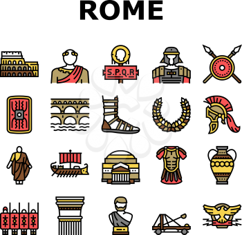 Ancient Rome Antique History Icons Set Vector. Ancient Rome Amphora Vase And Sword, Warrior Legionary Helmet And Costume, Aqueduct And Coliseum Arena Construction Line. Color Illustrations