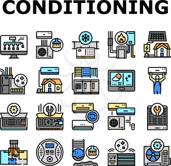 Conditioning System Electronics Icons Set Vector. Conditioning System Repair And Purification Service, Maintenance And Filtration, Installation And Replacement Line. Color Illustrations