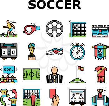 Soccer Team Sport Game On Stadium Icons Set Vector. Soccer Match Competition On Field And Sportive Strategy, Ball And Fan Attributes, Player And Arbitrator Line. Color Illustrations