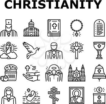 Christianity Religion Church Icons Set Vector. Christianity Cross And Crucifixion, Cathedral And Monastery Building, Bible And Priest, God And Angel, Prayer And Easter Black Contour Illustrations