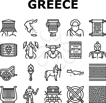 Ancient Greece Mythology History Icons Set Vector. Ancient Greece Myth And Ornament, Lyre Musician Instrument And Acropolis Building, Centaur And Minotaur Black Contour Illustrations
