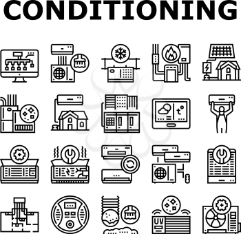 Conditioning System Electronics Icons Set Vector. Conditioning System Repair And Purification Service, Maintenance And Filtration, Installation And Replacement Black Contour Illustrations