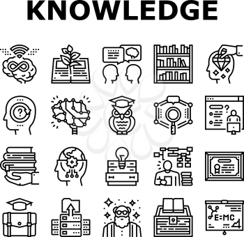 Knowledge And Mind Intelligence Icons Set Vector. World Knowledge And University Diploma, Asking Question For Solve Problem And Intelligent Talking. Library Shelf Books Black Contour Illustrations