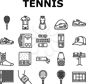 Tennis Sport Game Competition Icons Set Vector. Women And Men Tennis Apparel Clothes, Racquet And Ball Accessories, Court Playground And Net, Headband And Socks Black Contour Illustrations
