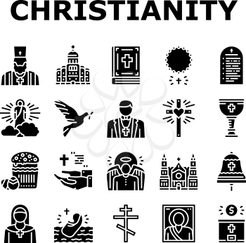 Christianity Religion Church Icons Set Vector. Christianity Cross And Crucifixion, Cathedral And Monastery Building, Bible And Priest, God Angel, Prayer And Easter Glyph Pictograms Black Illustrations