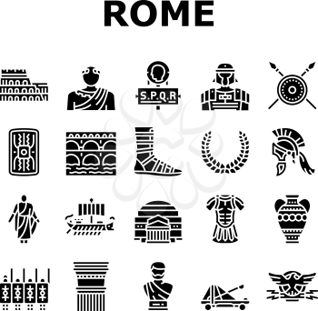 Ancient Rome Antique History Icons Set Vector. Ancient Rome Amphora Vase And Sword, Warrior Legionary Helmet And Costume, Aqueduct And Coliseum Arena Construction Glyph Pictograms Black Illustrations