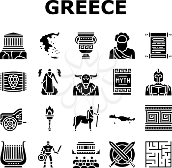 Ancient Greece Mythology History Icons Set Vector. Ancient Greece Myth And Ornament, Lyre Musician Instrument And Acropolis Building, Centaur And Minotaur Glyph Pictograms Black Illustrations