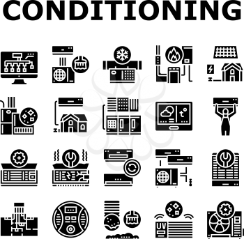 Conditioning System Electronics Icons Set Vector. Conditioning System Repair And Purification Service, Maintenance And Filtration, Installation And Replacement Glyph Pictograms Black Illustrations
