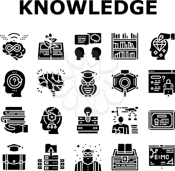 Knowledge And Mind Intelligence Icons Set Vector. World Knowledge And University Diploma, Asking Question For Solve Problem Intelligent Line. Library Shelf Books Glyph Pictograms Black Illustrations