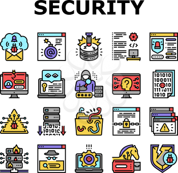 Cyber Security System Technology Icons Set Vector. Cyber Security Software And Application, Padlock And Password For Data Base And Information Protection From Virus Line. Color Illustrations