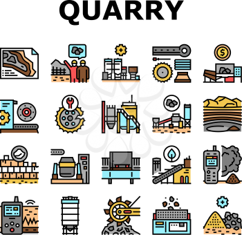 Quarry Mining Industrial Process Icons Set Vector. Quarry Mining Equipment And Machine Technology, Industry Iron And Coal Processing Line. Vibration Assessment Device Color Illustrations