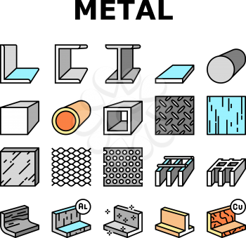 Metal Material Construction Beam Icons Set Vector. Pipe And Round Bar, Square And Diamond Plate, Angle And Brass, Expanded Sheet And Channel Metal Profile, Line. Color Illustrations