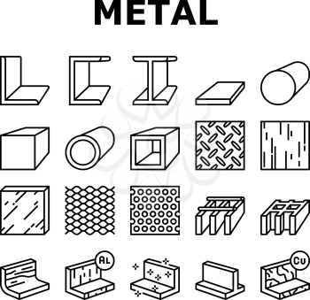 Metal Material Construction Beam Icons Set Vector. Pipe And Round Bar, Square And Diamond Plate, Angle And Brass, Expanded Sheet And Channel Metal Profile, Black Contour Illustrations