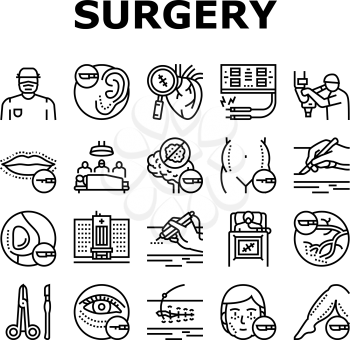 Surgery Medicine Clinic Operation Icons Set Vector. Lips And Facial Plastic Surgery, Liposuction And Implant Beauty Procedure Line. Health Treatment Preocessing Black Contour Illustrations