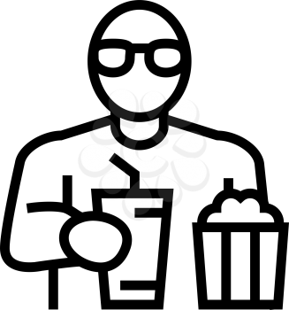 spectator watching movie and eating popcorn in cinema line icon vector. spectator watching movie and eating popcorn in cinema sign. isolated contour symbol black illustration