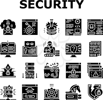 Cyber Security System Technology Icons Set Vector. Cyber Security Software And Application, Padlock And Password For Data Base And Information Protection From Virus Glyph Pictogram Black Illustrations