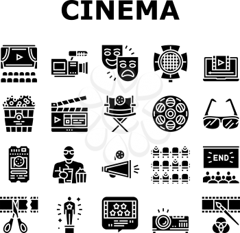 Cinema Watch Movie Entertainment Icons Set Vector. Booking Ticket And Buying Popcorn With Drink For Watching Film In Cinema, Projector And 3d Glasses Tool Glyph Pictograms Black Illustrations