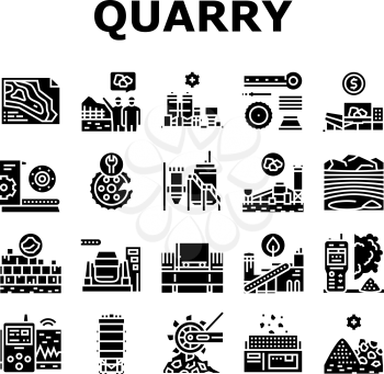 Quarry Mining Industrial Process Icons Set Vector. Quarry Mining Equipment And Machine Technology, Industry Iron And Coal Processing Glyph Pictograms Black Illustrations
