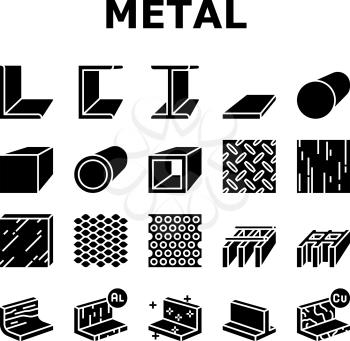 Metal Material Construction Beam Icons Set Vector. Pipe And Round Bar, Square And Diamond Plate, Angle And Brass, Expanded Sheet And Channel Metal Profile, Glyph Pictograms Black Illustrations