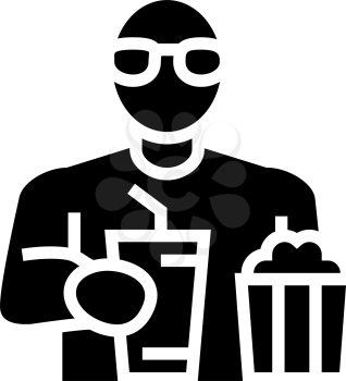 spectator watching movie and eating popcorn in cinema glyph icon vector. spectator watching movie and eating popcorn in cinema sign. isolated contour symbol black illustration