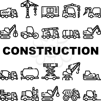 Construction Vehicle Collection Icons Set Vector. Construction Crane And Bulldozer, Wheel And Skid Loader, Scissor Lift And Concrete Mixer Black Contour Illustrations