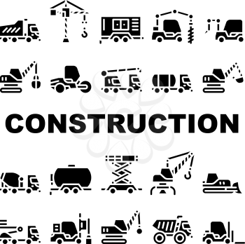 Construction Vehicle Collection Icons Set Vector. Construction Crane And Bulldozer, Wheel And Skid Loader, Scissor Lift And Concrete Mixer Glyph Pictograms Black Illustrations