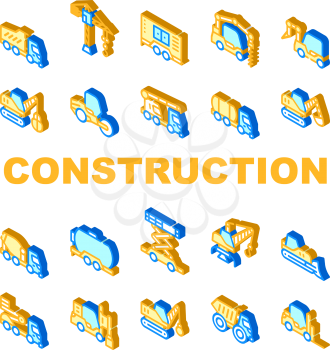 Construction Vehicle Collection Icons Set Vector. Construction Crane And Bulldozer, Wheel And Skid Loader, Scissor Lift And Concrete Mixer Isometric Sign Color Illustrations